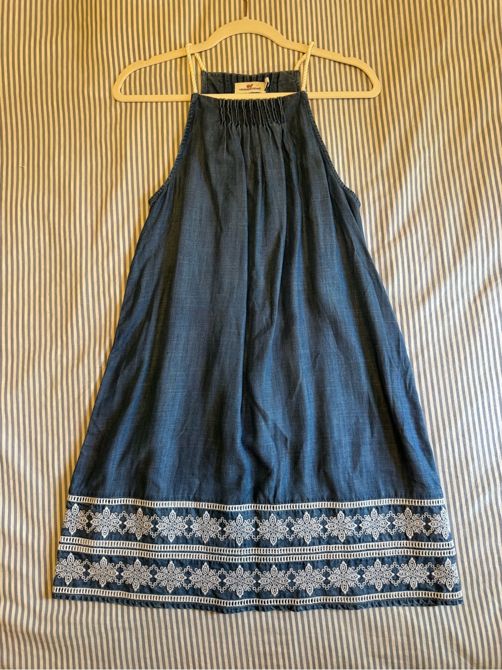 Vineyard Vines Chambray Halter Midi Dress with White Embroidered Border